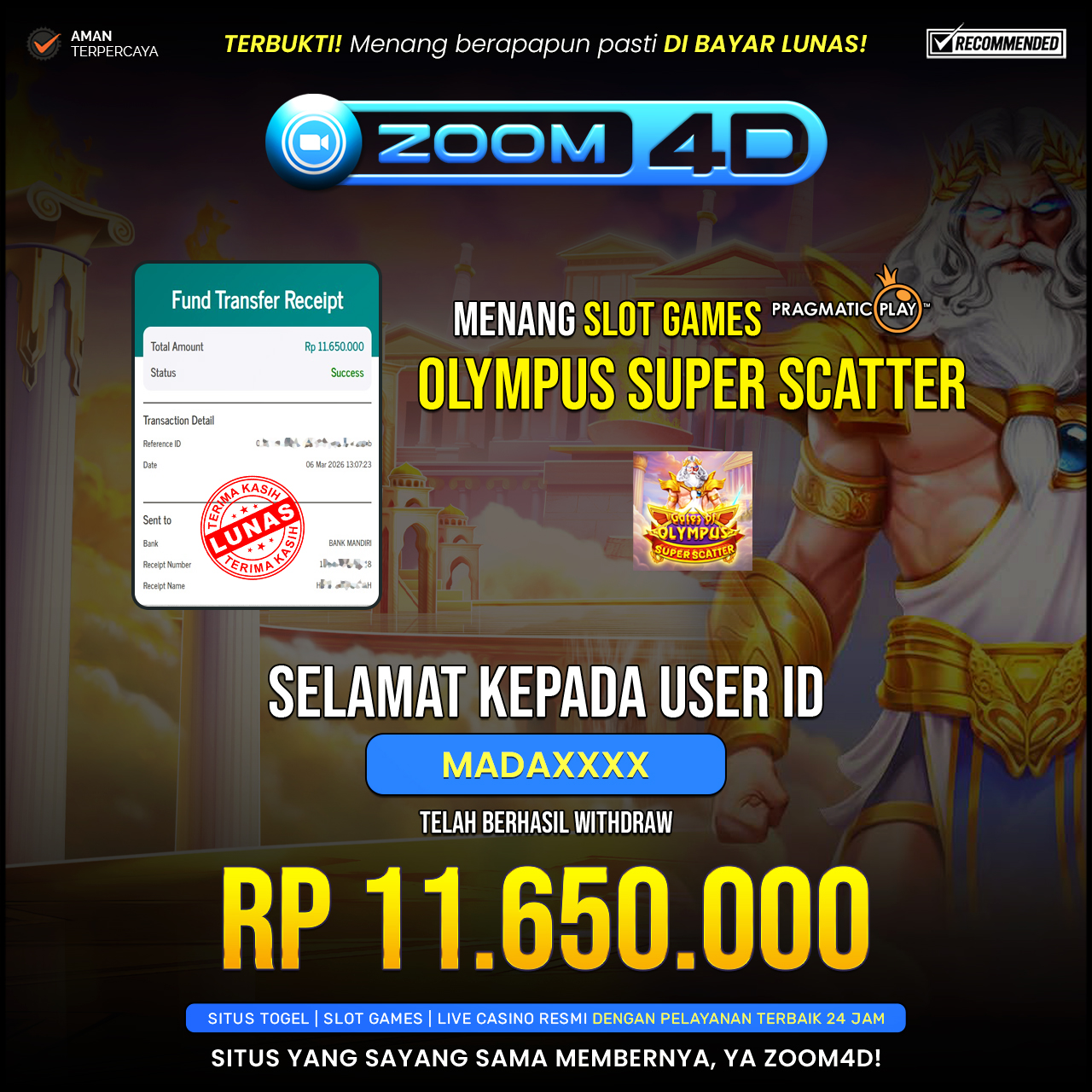 Selamat Kepada user MADAXXXX yang baru saja membuktikan ketangguhannya dengan WITHDRAW sensasional sebesar Rp.11.650.000.