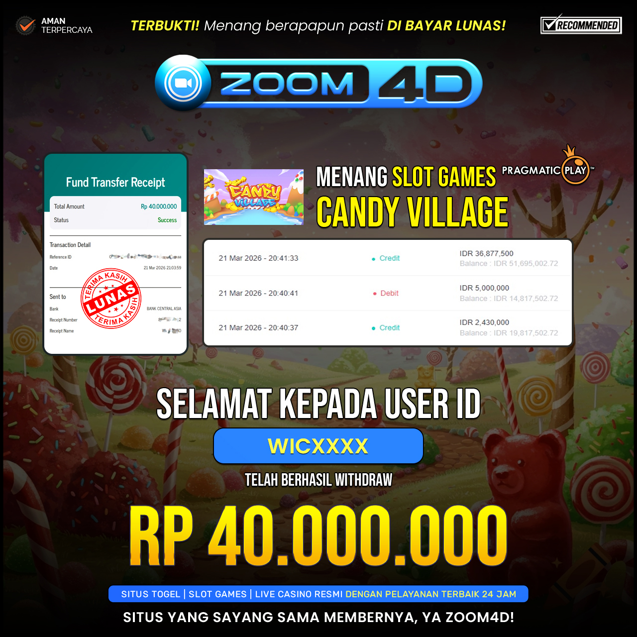 Selamat Kepada user WIXXXX yang baru saja membuktikan ketangguhannya dengan WITHDRAW sensasional sebesar Rp.40.000.000.