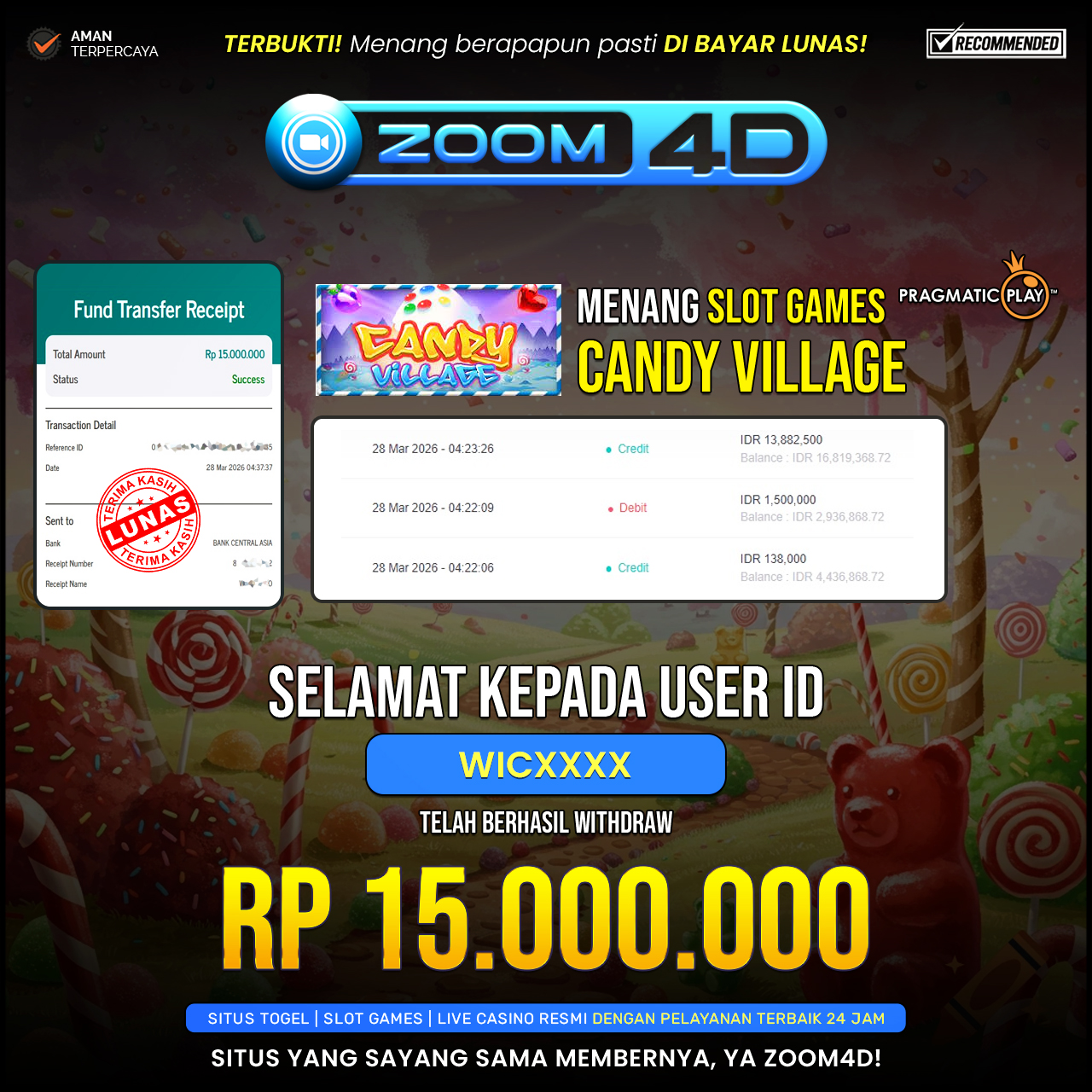 Selamat Kepada user WICXXXX yang baru saja membuktikan ketangguhannya dengan WITHDRAW sensasional sebesar Rp.15.000.000.