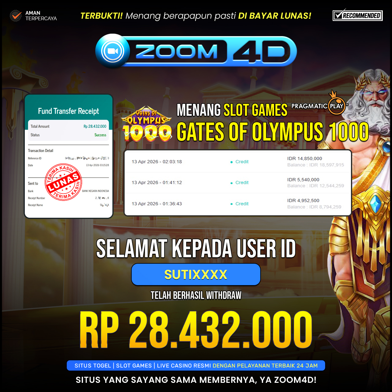 Selamat Kepada user SUTIXXXX yang baru saja membuktikan ketangguhannya dengan WITHDRAW sensasional sebesar Rp.28.432.000.